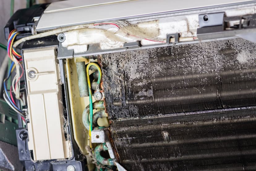 Close-up of a dirty air conditioner evaporator coil with mold and grime buildup, revealing inner wiring and components. This example of an HVAC unit coil highlights the necessity for regular maintenance and cleaning.