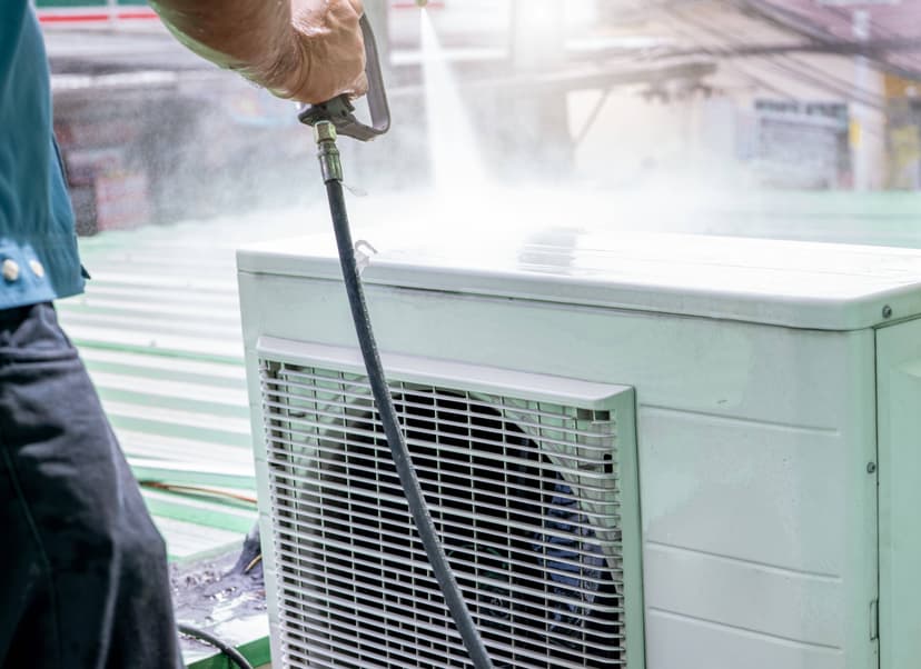 A person cleaning an air conditioning unit with a high-pressure water spray on a metal roof, providing a perfect example of HVAC unit coil maintenance.