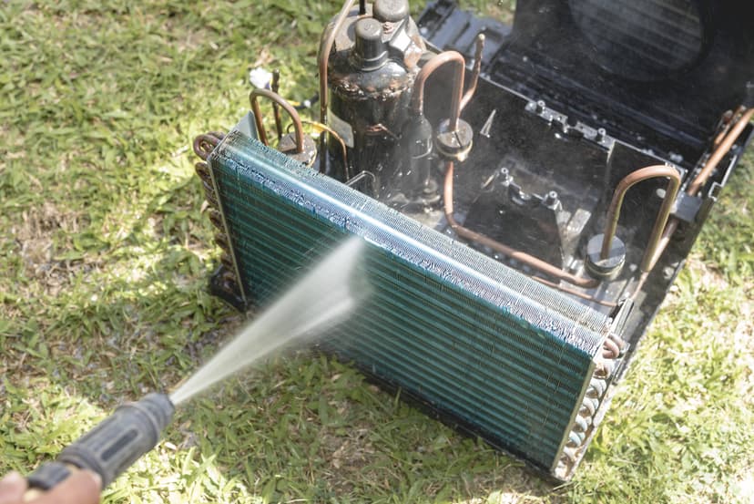 A person cleaning an HVAC unit coil's outdoor section with a high-pressure water hose on a grassy surface.