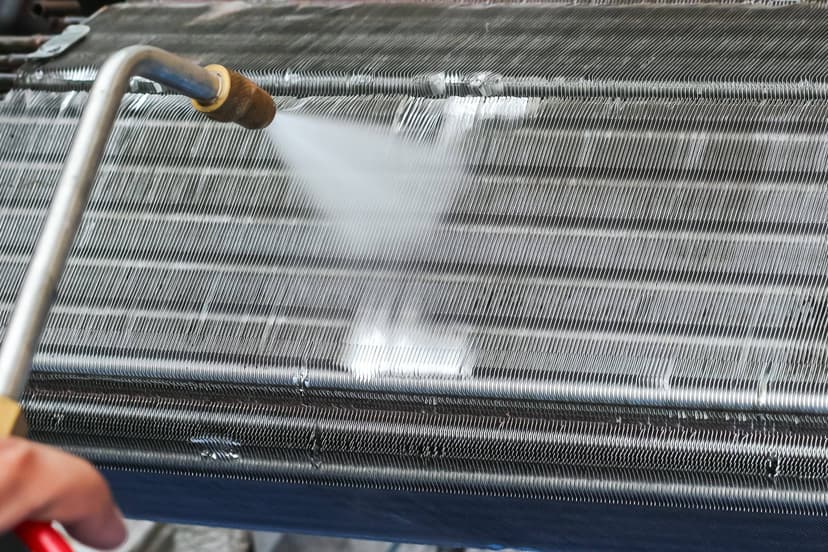 Person cleaning an example of HVAC unit coil with a high-pressure water spray.