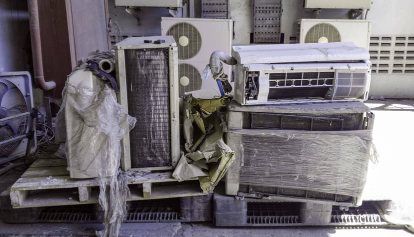 Dismantled air conditioning units, featuring an example of HVAC unit coil, are placed on wooden pallets with protective plastic wrap in an outdoor setting.