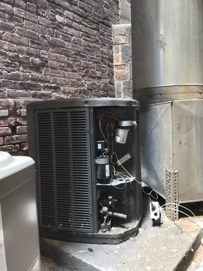 A condensing unit beside a brick wall reveals exposed wires and components, with a small black-and-white cat curiously observing nearby.