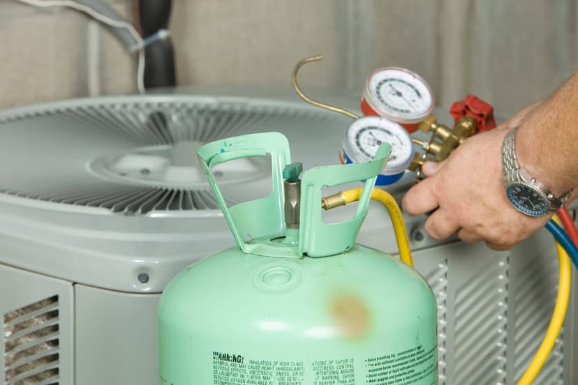 Close-up of a person holding HVAC gauges while servicing an air conditioning unit, with a green refrigerant tank in the foreground, offering a clear example of how freon is handled during maintenance.