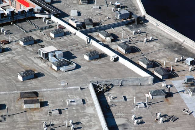 An aerial view of the roof of a building.