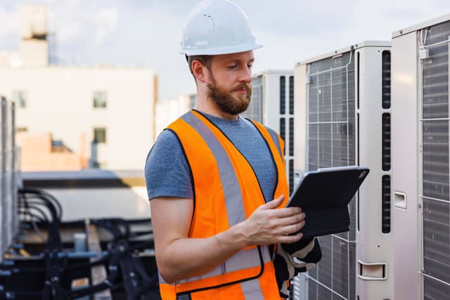 A man holding a tablet in front of an air conditioning unit.