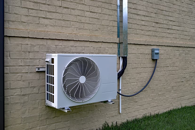 Wall-mounted outdoor air conditioning unit, part of advanced commercial HVAC systems, attached to a brick wall with electrical connections beside green grass.