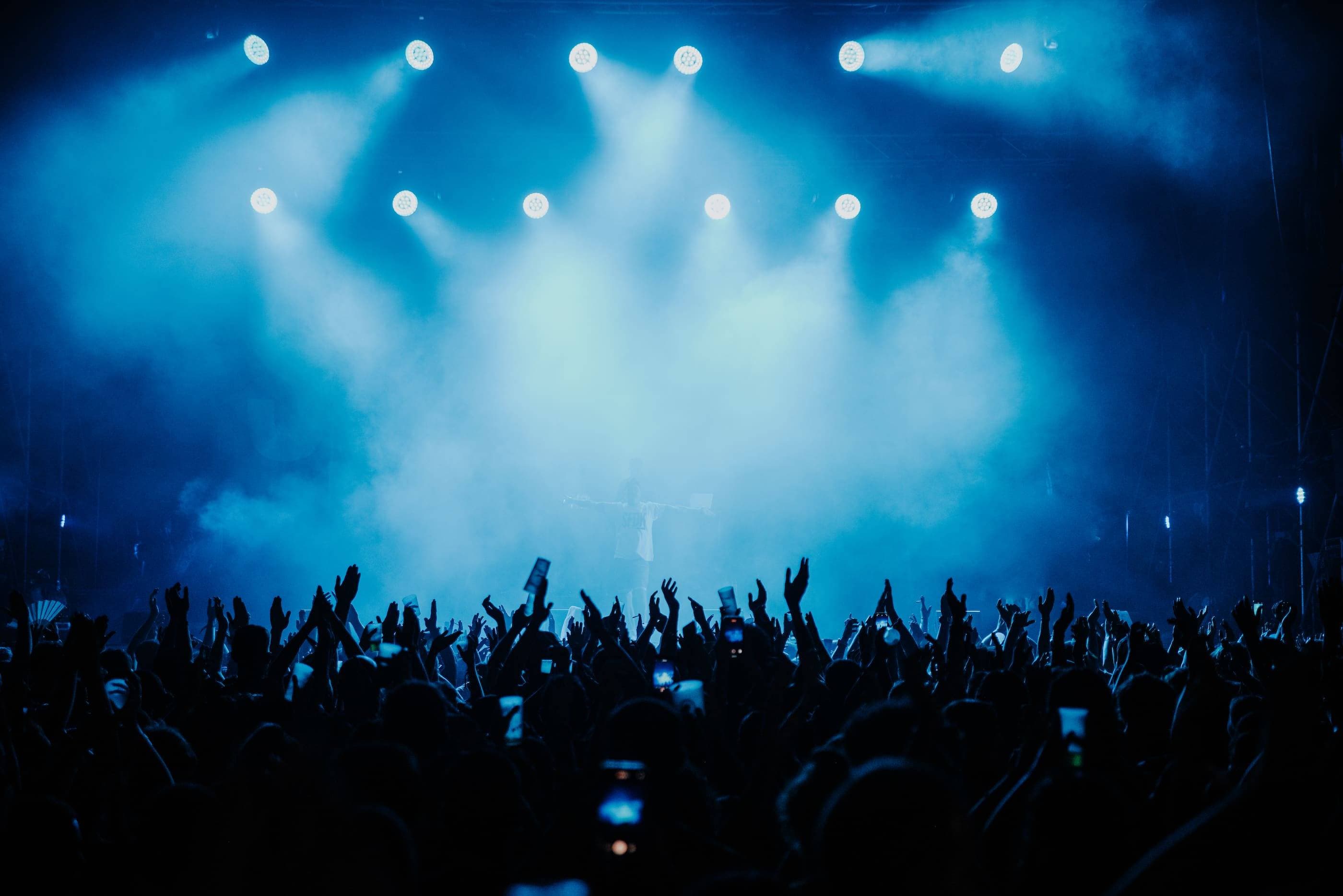 A crowd at a concert with their hands raised.