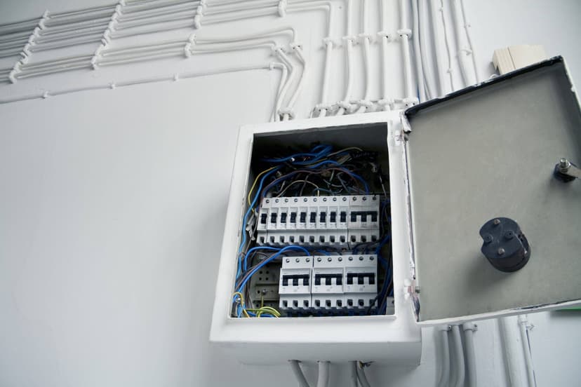 Open electrical panel with wires exposed, showing circuit breakers and multiple cable connections on a white wall, crucial for preventative maintenance for HVAC systems.