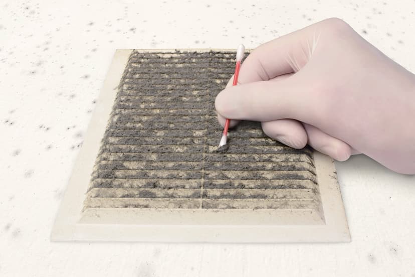 Close-up of a gloved hand using a cotton swab to clean dust off a dirty air vent against a surface with black spots, showcasing preventative maintenance for HVAC systems.