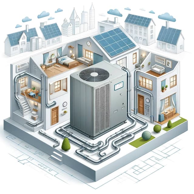 Isometric illustration of an air conditioner in a house.