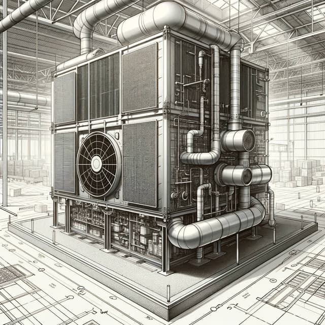 A drawing of a cooling tower in a factory.